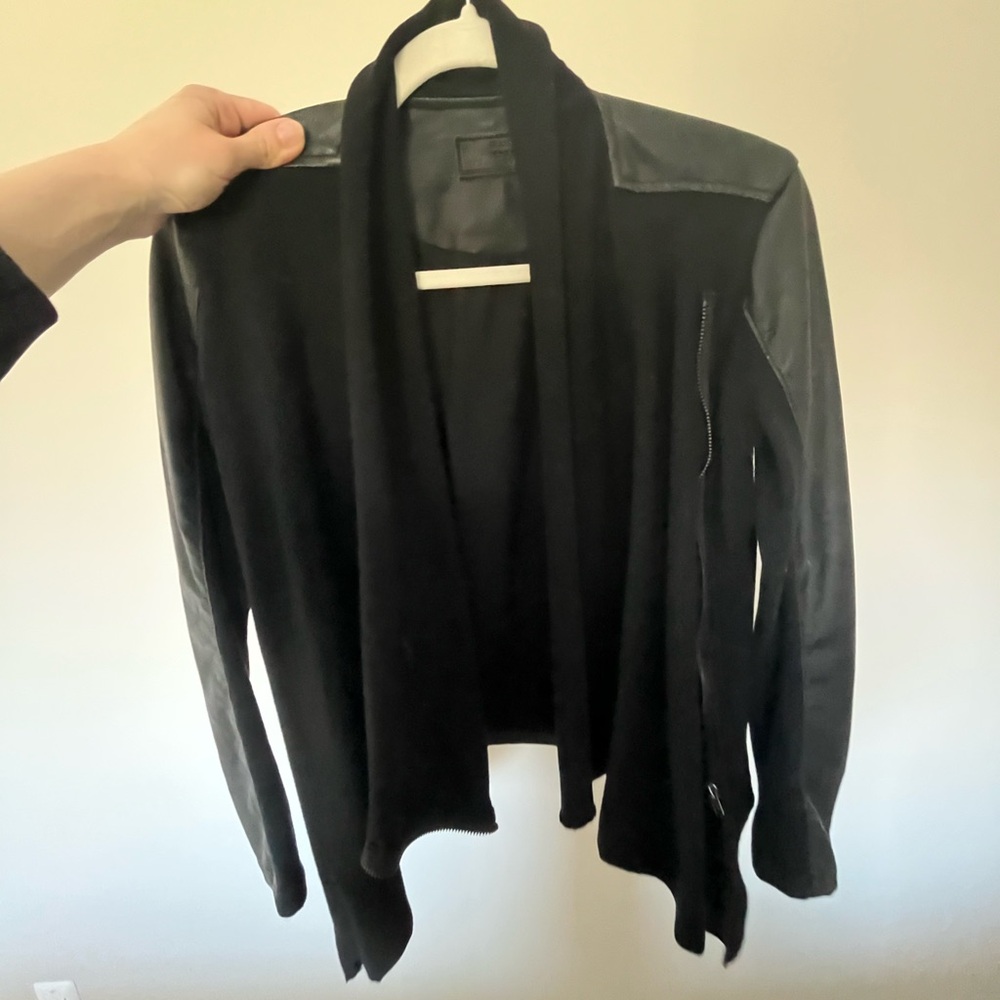 Blank NYC Black Open-Front Leather-Trim Cardigan Jacket
